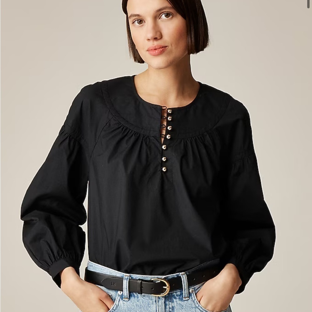 J crew black Shirred popover top in cotton poplin